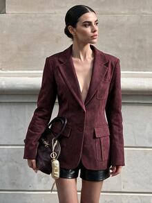 Anewsta Essential Suede Multi-Pocket Long Sleeve Elegant Blazer - Red Violet - View 4