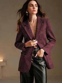 Anewsta Essential Suede Multi-Pocket Long Sleeve Elegant Blazer - Red Violet - View 6
