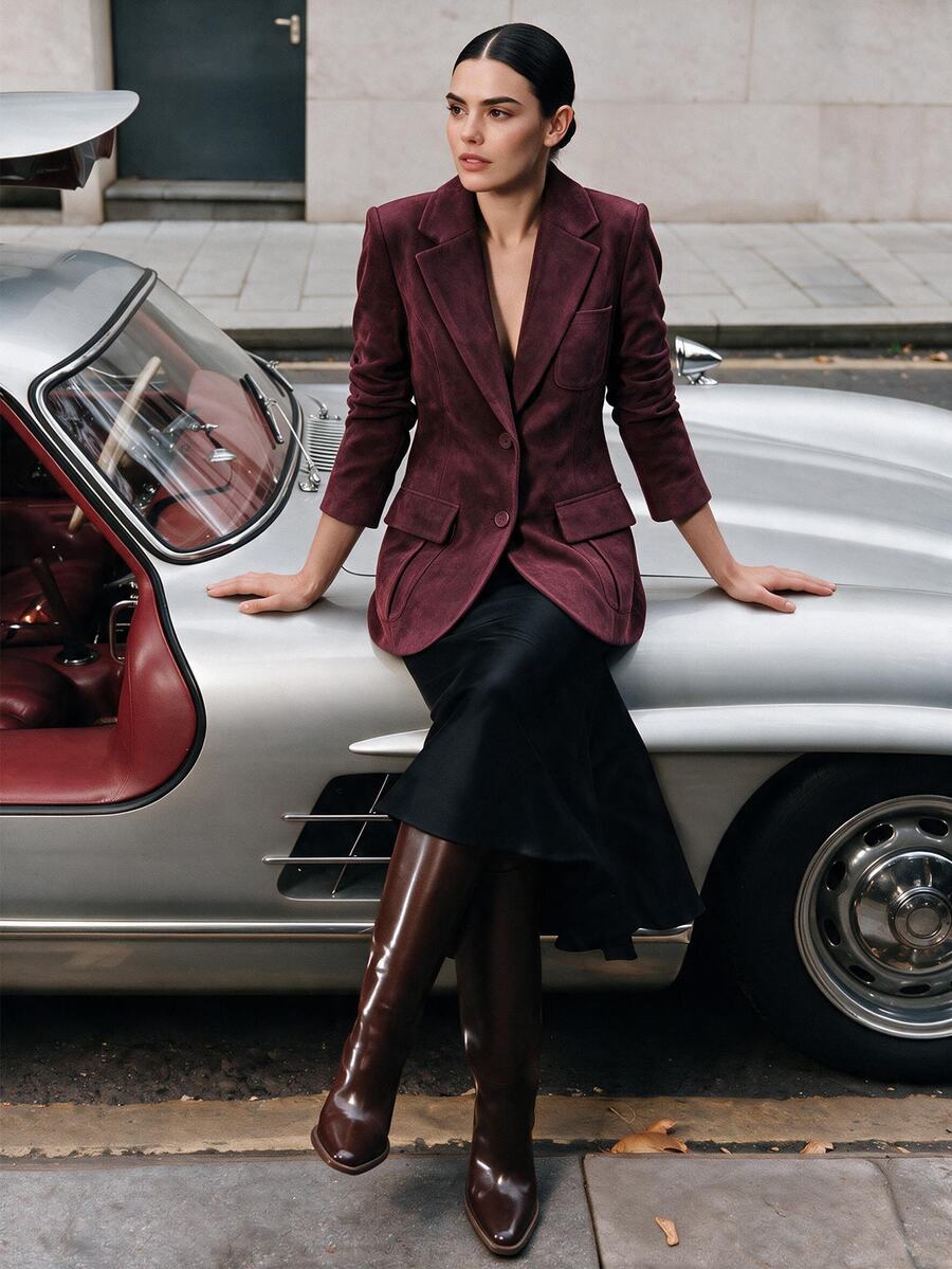 Anewsta Essential Suede Multi-Pocket Long Sleeve Elegant Blazer - Red Violet - View 1