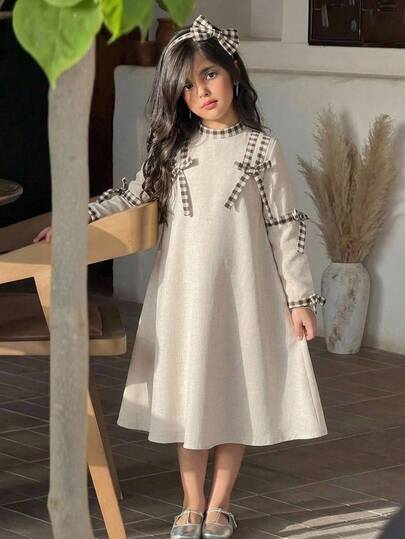 SHEIN Tween Girl Tween Girl Stand Collar Long Sleeve A-Line Contrast Bow Khaki Dress