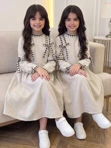 SHEIN Tween Girl Tween Girl Stand Collar Long Sleeve A-Line Contrast Bow Khaki Dress - Apricot - View 9