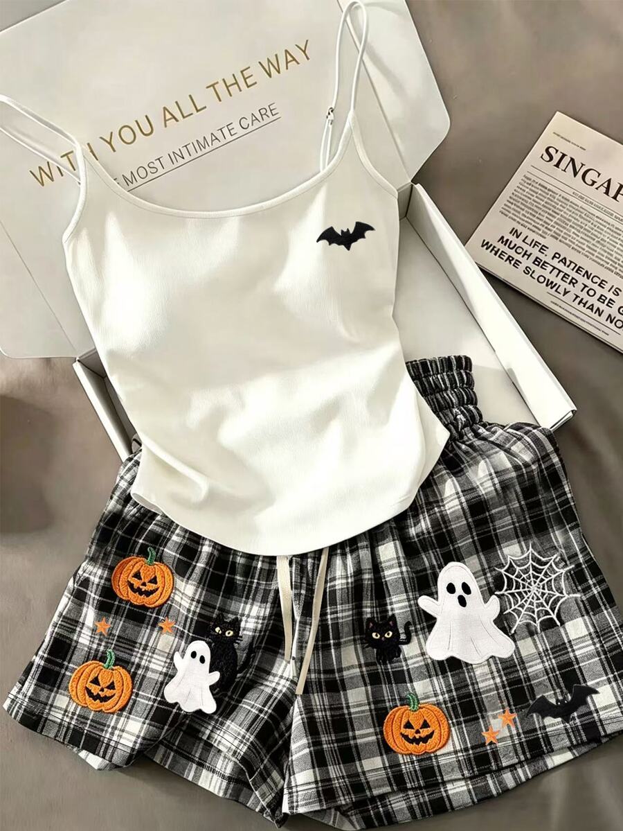 Resyla New Casual Fashion Embroidered Plaid Knit Two Pieces Set, Including Camisole Top And Shorts