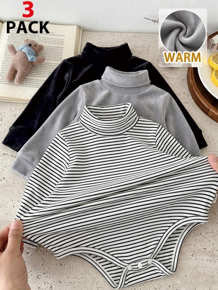 SHEIN Playful Pals 男嬰休閒百搭高領羅紋紋理面料長袖多件式連身衣套裝,秋冬款 - 彩色 - 查看 1