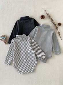 SHEIN Playful Pals 男嬰休閒百搭高領羅紋紋理面料長袖多件式連身衣套裝，秋冬款 - 彩色 - 查看 2