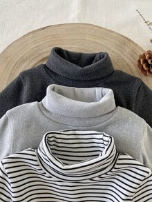 SHEIN Playful Pals 男嬰休閒百搭高領羅紋紋理面料長袖多件式連身衣套裝，秋冬款 - 彩色 - 查看 5