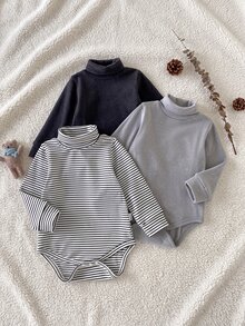 SHEIN Playful Pals 男嬰休閒百搭高領羅紋紋理面料長袖多件式連身衣套裝，秋冬款 - 彩色 - 查看 3