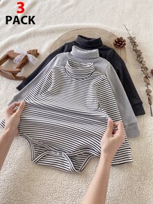 SHEIN Playful Pals 男嬰休閒百搭高領羅紋紋理面料長袖多件式連身衣套裝，秋冬款 - 彩色 - 查看 4