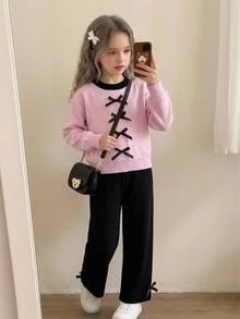 SHEIN 幼童女童秋冬粉色長袖蝴蝶結針織衫與裙子套裝，返校穿搭，舒適柔軟，節慶聖誕休閒日常穿著 - 粉色 - 查看 10