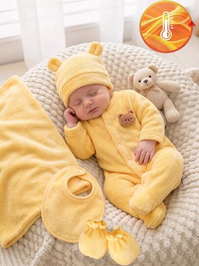 SHEIN Newborn Simple Solid Yellow Long Sleeve Fall Autumn/Winter Fleece Lined Jumpsuit With Hat And Gloves, Infant Homewear Set Pants Bear 3pcs Soft Cozy