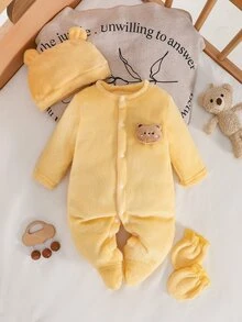 SHEIN Newborn Simple Solid Yellow Long Sleeve Fall Autumn/Winter Fleece Lined Jumpsuit With Hat And Gloves, Infant Homewear Set Pants Bear 3pcs Soft Cozy - Yellow - View 7