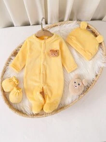 SHEIN Newborn Simple Solid Yellow Long Sleeve Fall Autumn/Winter Fleece Lined Jumpsuit With Hat And Gloves, Infant Homewear Set Pants Bear 3pcs Soft Cozy - Yellow - View 4