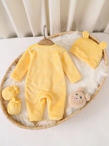 SHEIN Newborn Simple Solid Yellow Long Sleeve Fall Autumn/Winter Fleece Lined Jumpsuit With Hat And Gloves, Infant Homewear Set Pants Bear 3pcs Soft Cozy - Yellow - View 3