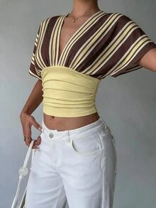 Aloruh 女款拼色條紋拼接蝙蝠袖收腰T恤 - 彩色 - 查看 5