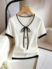 Velvienne Atasan Lengan Panjang Putih Ukuran Plus Wanita untuk Musim Semi/Gugur, Sederhana, Serbaguna, Modis, dengan Desain Pita Elegan, Cocok untuk Dipakai di Musim Semi/Gugur - Putih - View 4