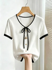 Velvienne Atasan Lengan Panjang Putih Ukuran Plus Wanita untuk Musim Semi/Gugur, Sederhana, Serbaguna, Modis, dengan Desain Pita Elegan, Cocok untuk Dipakai di Musim Semi/Gugur - Putih - View 6