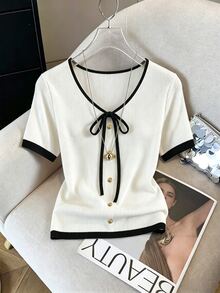 Velvienne Atasan Lengan Panjang Putih Ukuran Plus Wanita untuk Musim Semi/Gugur, Sederhana, Serbaguna, Modis, dengan Desain Pita Elegan, Cocok untuk Dipakai di Musim Semi/Gugur - Putih - View 5