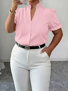 Elenzga Plus Size Premium Elegant Commuter Solid Color Turn Collar Blouse - Pink - View 3