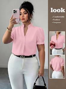 Elenzga Plus Size Premium Elegant Commuter Solid Color Turn Collar Blouse - Pink - View 1