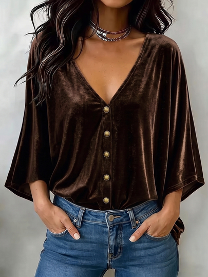 SHEIN Fall Boho V Neck Velvet Batwing Half Sleeve Button Front Loose Oversized Women Tops Autumn Daily Street Dating Party Soft Luxurious Velvet T-Shirt