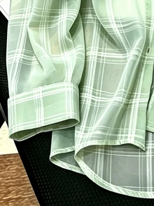 INAWLY 大尺碼休閒格紋單排扣長袖襯衫，適合日常穿著 - 綠色 - 查看 4