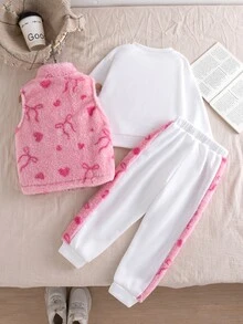 3件組女童冬季返校套裝 秋季新款冬季風格圓領羅紋長袖衛衣 前方蝴蝶結貼花刺繡休閒款 - 粉色 - 查看 2