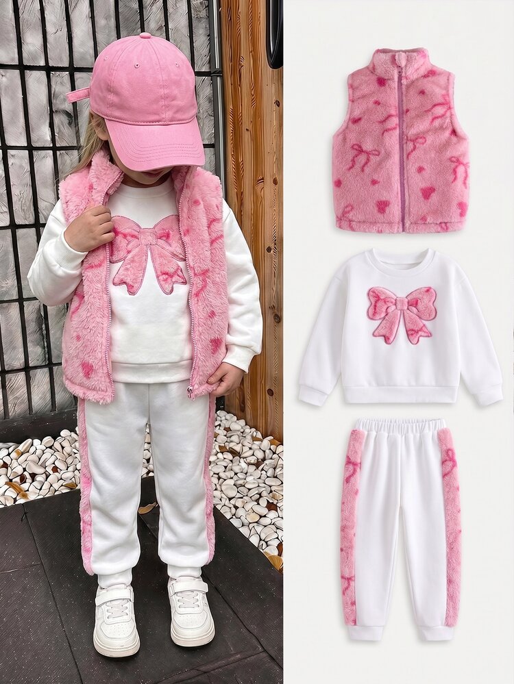 3pcs/Set Girls Winter Back To School Outfit Fall New Winter Style Crew Neck Ribbed Long Sleeve Sweatshirt With Front Bow Applique Embroidery Casual Sw - Pink - View 1