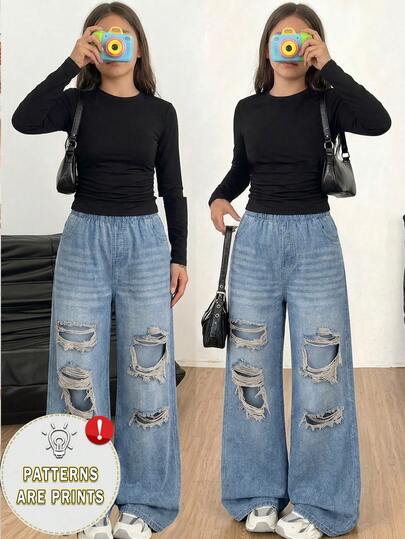 Elladie kids Tween Girls 2pcs Outfit Set Long Sleeve Ruched Top & Ripped Baggy Jeans Casual Streetwear Clothes Faux Denim
