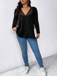 EMERY ROSE Plus Size Women's T-Shirt, Elegant Sexy Casual Minimalist Commute Versatile Mesh Patchwork V-Neck Design Long Sleeve Fall - Black - View 7