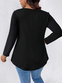 EMERY ROSE Plus Size Women's T-Shirt, Elegant Sexy Casual Minimalist Commute Versatile Mesh Patchwork V-Neck Design Long Sleeve Fall - Black - View 2