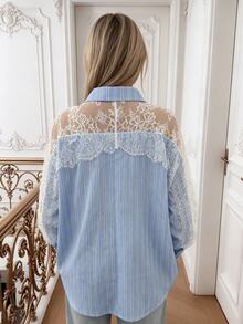 Easura Plus Size Women's Spring/Summer Romantic Elegant Commuter Versatile Blue Striped Random Print Lace Patchwork Design Blouse, Suitable For Spring/Summer Wear - Blue - View 2