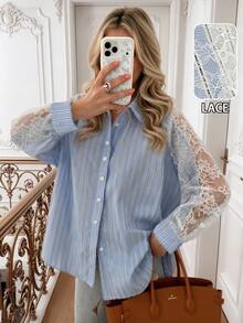 Easura Plus Size Women's Spring/Summer Romantic Elegant Commuter Versatile Blue Striped Random Print Lace Patchwork Design Blouse, Suitable For Spring/Summer Wear - Blue - View 1