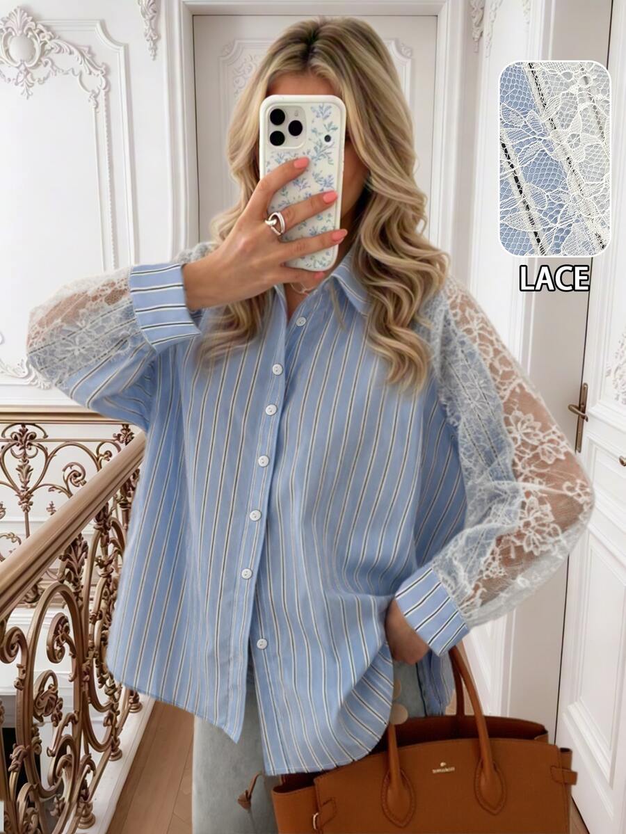 Easura Plus Size Women's Spring/Summer Romantic Elegant Commuter Versatile Blue Striped Random Print Lace Patchwork Design Blouse, Suitable For Spring/Summer Wear - Blue - View 1
