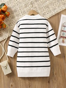 SHEIN Playful Pals Girls' Casual Ombre Striped Dress,Versatile White Sweater Dress For School,Back-To-School Autumn Fashion Fall Winter Everyday Wear For Young Girl - White - View 2