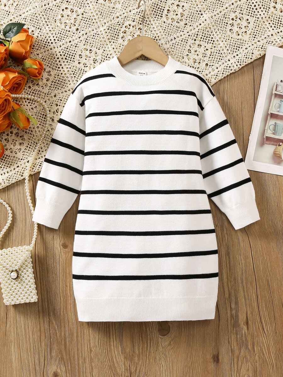 SHEIN Playful Pals Girls' Casual Ombre Striped Dress,Versatile White Sweater Dress For School,Back-To-School Autumn Fashion Fall Winter Everyday Wear For Young Girl - White - View 1