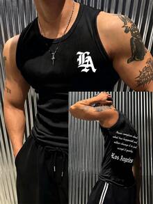 Rovax 男士字母印花圓領休閒百搭背心 - 黑色 - 查看 3
