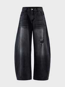 AXEPEAK Men's Fashion Button Pocket Distressed Loose Fit Denim Jeans - Black - View 10