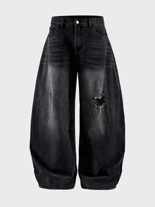 AXEPEAK Men's Fashion Button Pocket Distressed Loose Fit Denim Jeans - Black - View 3