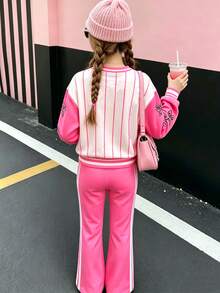 女童休閒豹紋蝴蝶結運動套裝，寬鬆圓領長袖衛衣與喇叭褲 2 件套，適合秋冬街頭復古風，舒適隨興，兒童秋季疊穿風格，Y2K 風格，運動穿搭系列，戶外活動穿著，街頭風，校園風，休閒舒適 - 粉色 - 查看 2