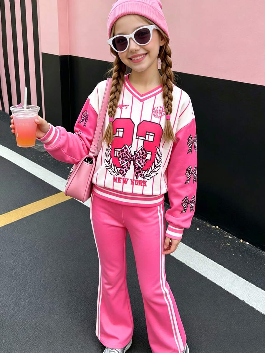 女童休閒豹紋蝴蝶結運動套裝,寬鬆圓領長袖衛衣與喇叭褲 2 件套,適合秋冬街頭復古風,舒適隨興,兒童秋季疊穿風格,Y2K 風格,運動穿搭系列,戶外活動穿著,街頭風,校園風,休閒舒適 - 粉色 - 查看 1