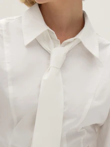 MUSEYN White Tie Detail Tailored Button Shirt Elegant Sophisticated Office Work Fall New Season Capsule Wardrobe - White - View 6