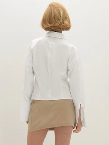 MUSEYN White Tie Detail Tailored Button Shirt Elegant Sophisticated Office Work Fall New Season Capsule Wardrobe - White - View 5