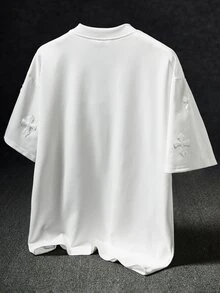 Manfinity EMRG 男士大碼街頭風熱門 INS 風格十字全印花刺繡毛巾 T 恤，日常穿搭，男友/丈夫禮物，週年紀念禮物，白色 - 白色 - 查看 2