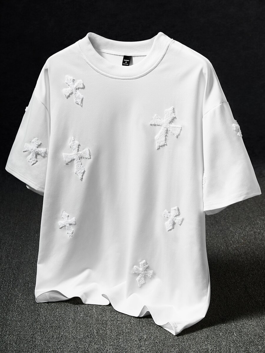 Manfinity EMRG 男士大碼街頭風熱門 INS 風格十字全印花刺繡毛巾 T 恤,日常穿搭,男友/丈夫禮物,週年紀念禮物,白色 - 白色 - 查看 1