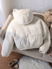 SHEIN Jaket Fleece Lengan Panjang untuk Remaja Perempuan, Jaket Puffer, Jaket Musim Dingin, Mantel, Jaket Bulu, Pakaian Musim Dingin untuk Anak Perempuan - Krem - View 5