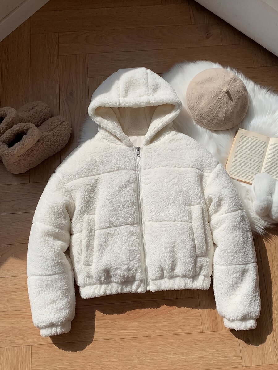 SHEIN Jaket Fleece Lengan Panjang untuk Remaja Perempuan, Jaket Puffer, Jaket Musim Dingin, Mantel, Jaket Bulu, Pakaian Musim Dingin untuk Anak Perempuan - Krem - View 1