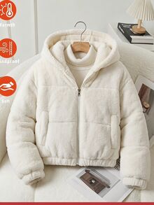 SHEIN Jaket Fleece Lengan Panjang untuk Remaja Perempuan, Jaket Puffer, Jaket Musim Dingin, Mantel, Jaket Bulu, Pakaian Musim Dingin untuk Anak Perempuan - Krem - View 4