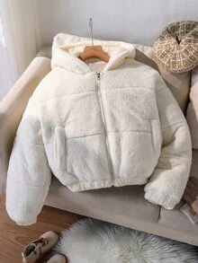 SHEIN Jaket Fleece Lengan Panjang untuk Remaja Perempuan, Jaket Puffer, Jaket Musim Dingin, Mantel, Jaket Bulu, Pakaian Musim Dingin untuk Anak Perempuan - Krem - View 9