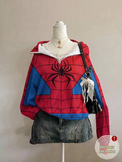 SHEIN EZwear Moletom Feminino Vermelho com Estampa de Aranha, Padrão Largo Cinza, Solto, Meio Zíper, Gola Alta, Leve, Adequado para Halloween, Encontro de Cinema, Reunião com Amigos