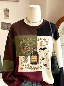 Lalippa Halloween Atmosphere Magic Potion Bottle Bat Spider Floral Star Moon Colorblock Patchwork Print Crew Neck Sweatshirt For Women, Holiday Outfit Daily Versatile - White - View 3