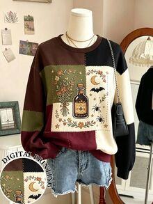 Lalippa Halloween Atmosphere Magic Potion Bottle Bat Spider Floral Star Moon Colorblock Patchwork Print Crew Neck Sweatshirt For Women, Holiday Outfit Daily Versatile - White - View 1